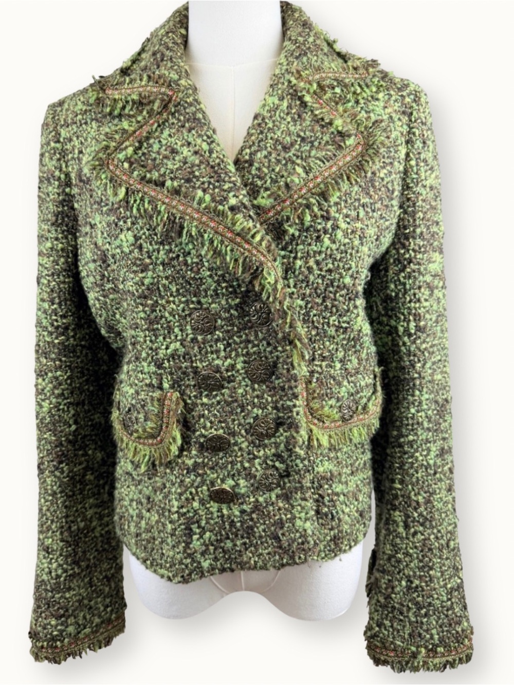 Cynthia Steffe Vintage Green Tweed Fringe Blazer Jacket